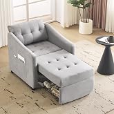 Bezseller Sleeper Sofa Chair Bed with Storage Drawer, Light Grey | 3-in-1 Convertible Sleeper Chair, Pull Out Couch with Side Pocket and Adjustable Backrest, for Living Room Bedroom Apartment