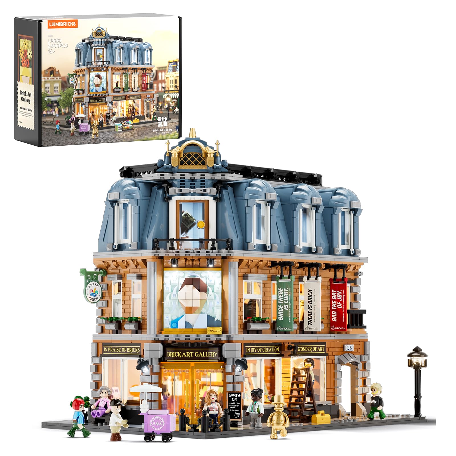 Lumibricks Brick-Kunst-Galerie Beleuchtung Klemmbausteine Haus, 3400Pcs, Modulgebäude am Straßeneck Mit Kunstklassikern&Abnehmbaren 3D-Malerei, Geschenke für Kunstliebhaber,Alter 16+, L9085