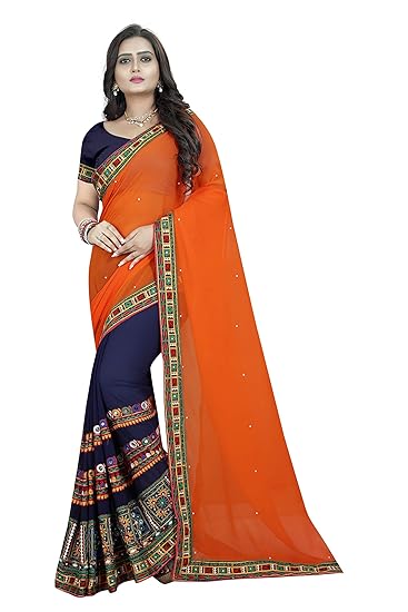 Womens plain weave Embroidered Fancy Georgette saree free size