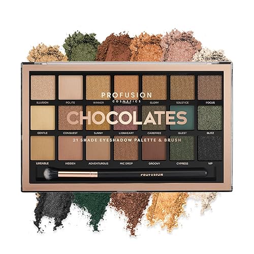 Profusion Cosmetics 21 Shade Eyeshadow Palette Collection & Brush, Chocolates