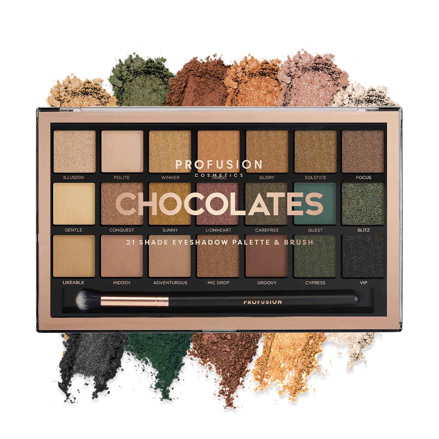 Profusion Cosmetics 21 Shade Eyeshadow Palette Collection & Brush, Chocolates