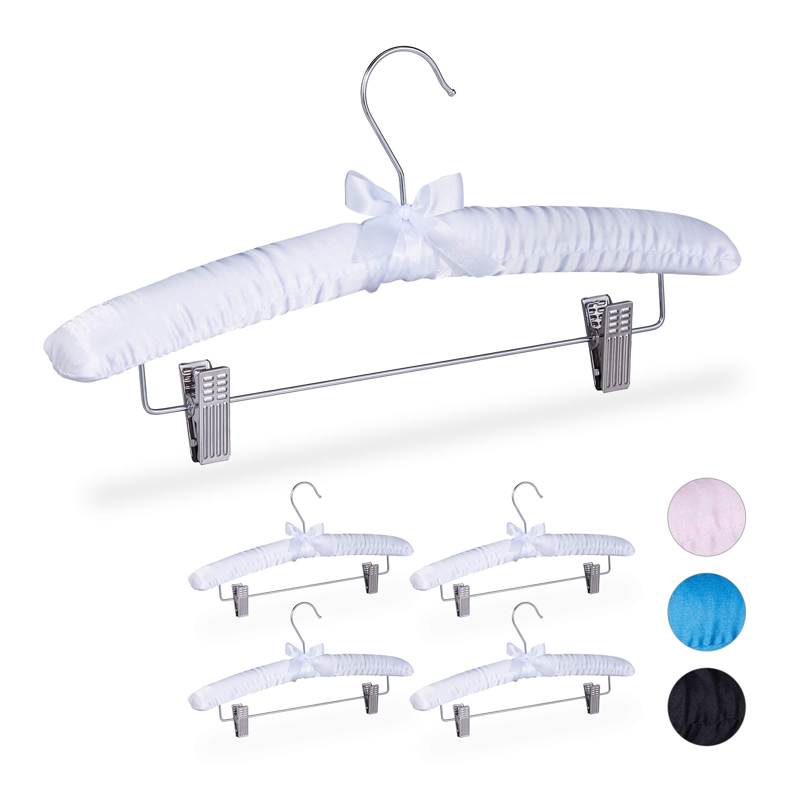 Relaxdays Satin Hanger Set of 5, Padded, Vintage, Adjustable Clips, Swivel Hook, 38 cm Wide, Trousers & Skirts, White