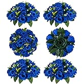 BLOSMON Royal Blue Artificial Flowers: 6 Pcs Fake Roses Flower Ball Centerpieces for Wedding Dinning Table - Faux Silk Kissing Bouquet with Base Floral Arrangement for Home Party Event Decor