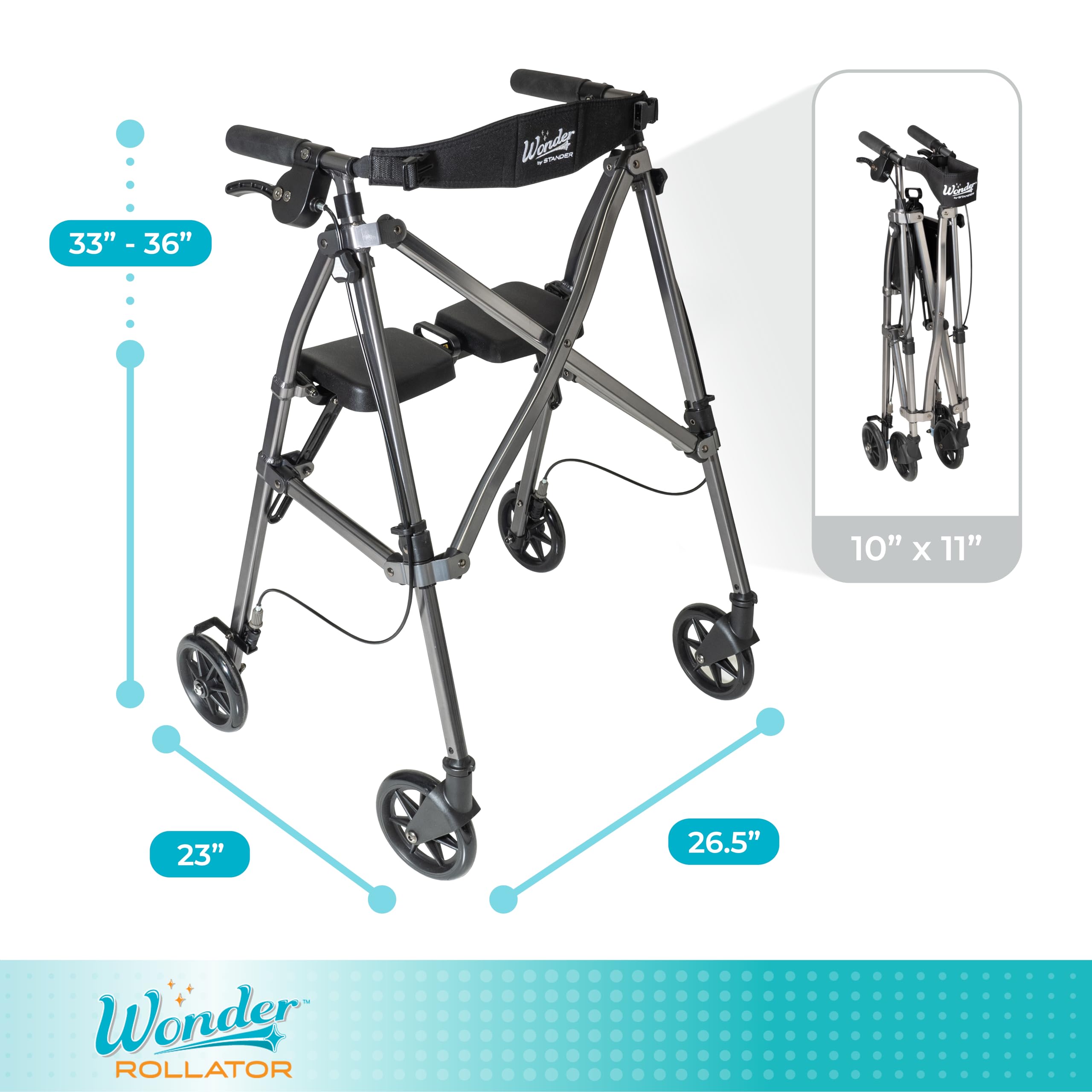 Stander Wonder Rollator, Lightweight Folding Space Saver Mobility Rolling Walker for Seniors and Adults, 6-inch Wheels, Locking Brakes, and Padded Seat with Backrest, Black Walnut