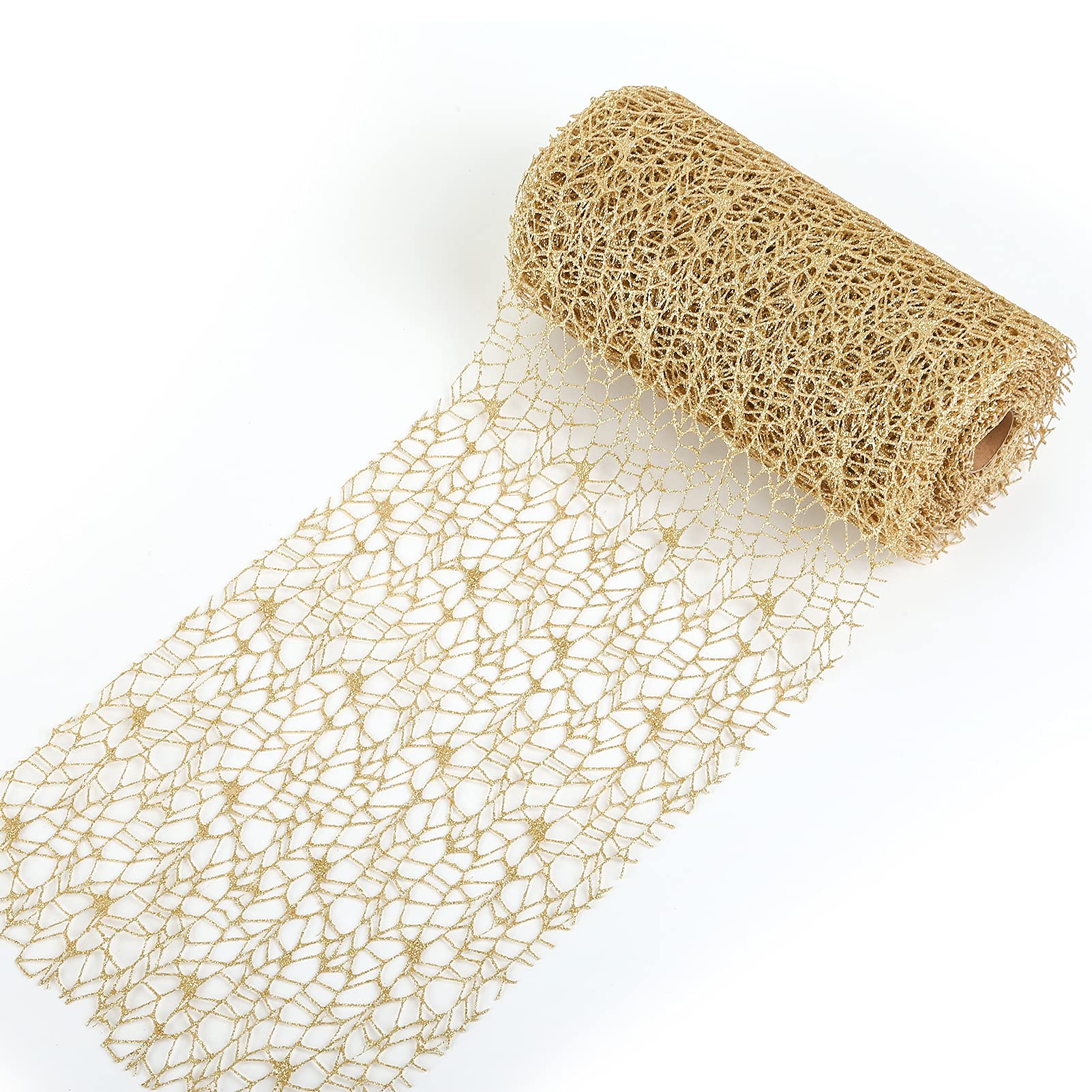 LEMESO Christmas Ribbons 10 m x 22 cm Wide Gold Glitter Mesh Ribbons Web Ribbon for Christmas Tree Decoration Xmas Gift Wrap Supplies