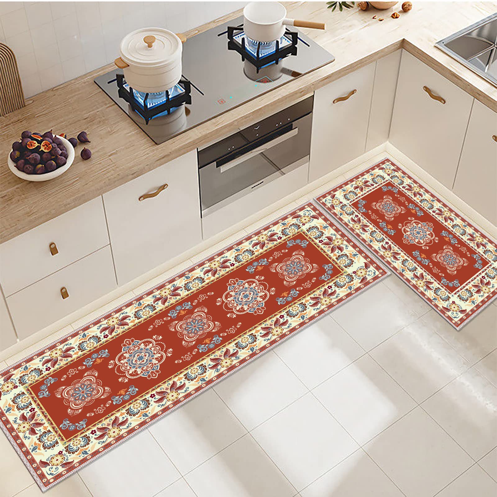 Offizon 2 Pcs Kitchen Rugs, Vintage Red Kitchen Mats for Floor, Washable Runner Rug for Women/Men (20”x32”/50x80 cm, 20”x48”/50x122 cm)