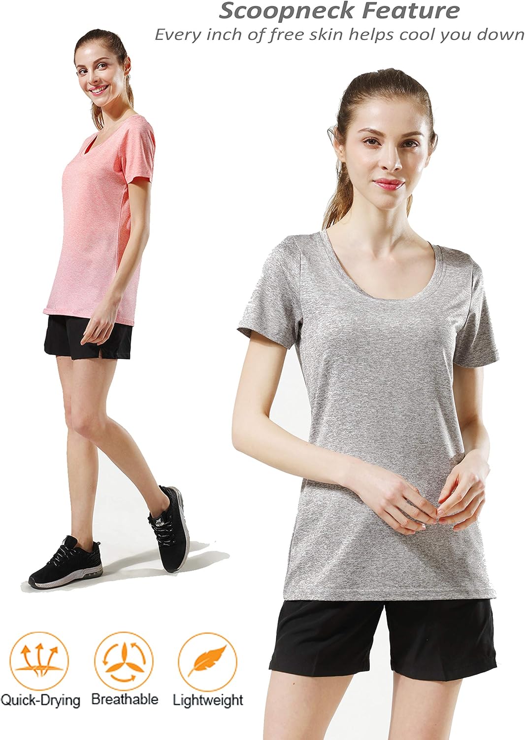 Set of 5 Women's Heathered Active Scoop Neck T Shirts, Short Sleeve Workout Tops for Gym and Yoga: Clothing