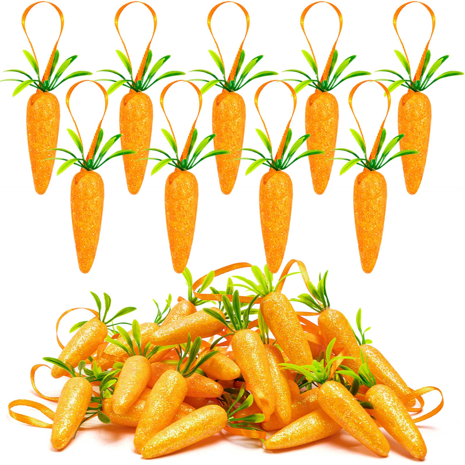 CLESDF 24Pcs Easter Carrot Tree Decorations, Premium Foam Glitter Artificial Carrots for Easter Hanging Decoration