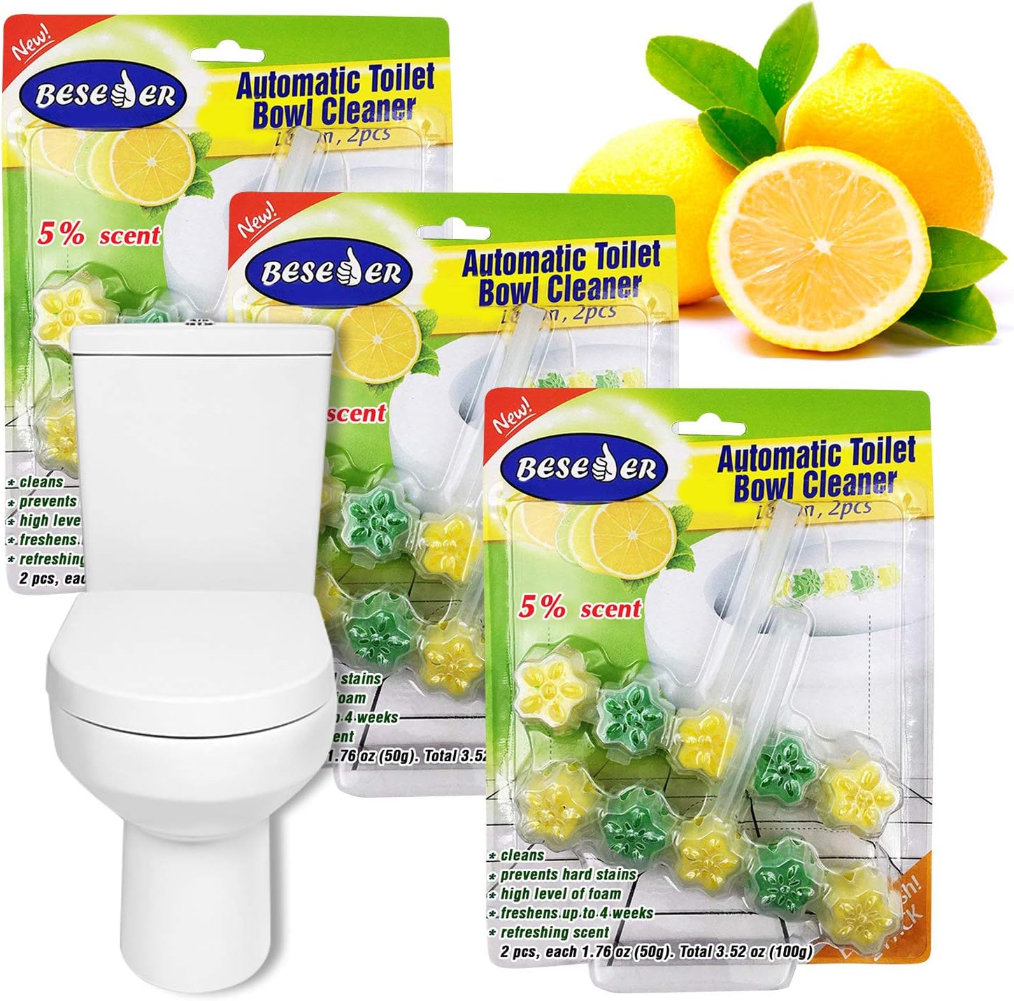 Beseder Automatic Toilet Bowl Cleaner Lemon 2 pcs (Pack of 3) with Stronger Long-Lasting Lemon Scent at Full 5%. Foaming 5-in-1 Cleaner deep Cleans with Every Flush