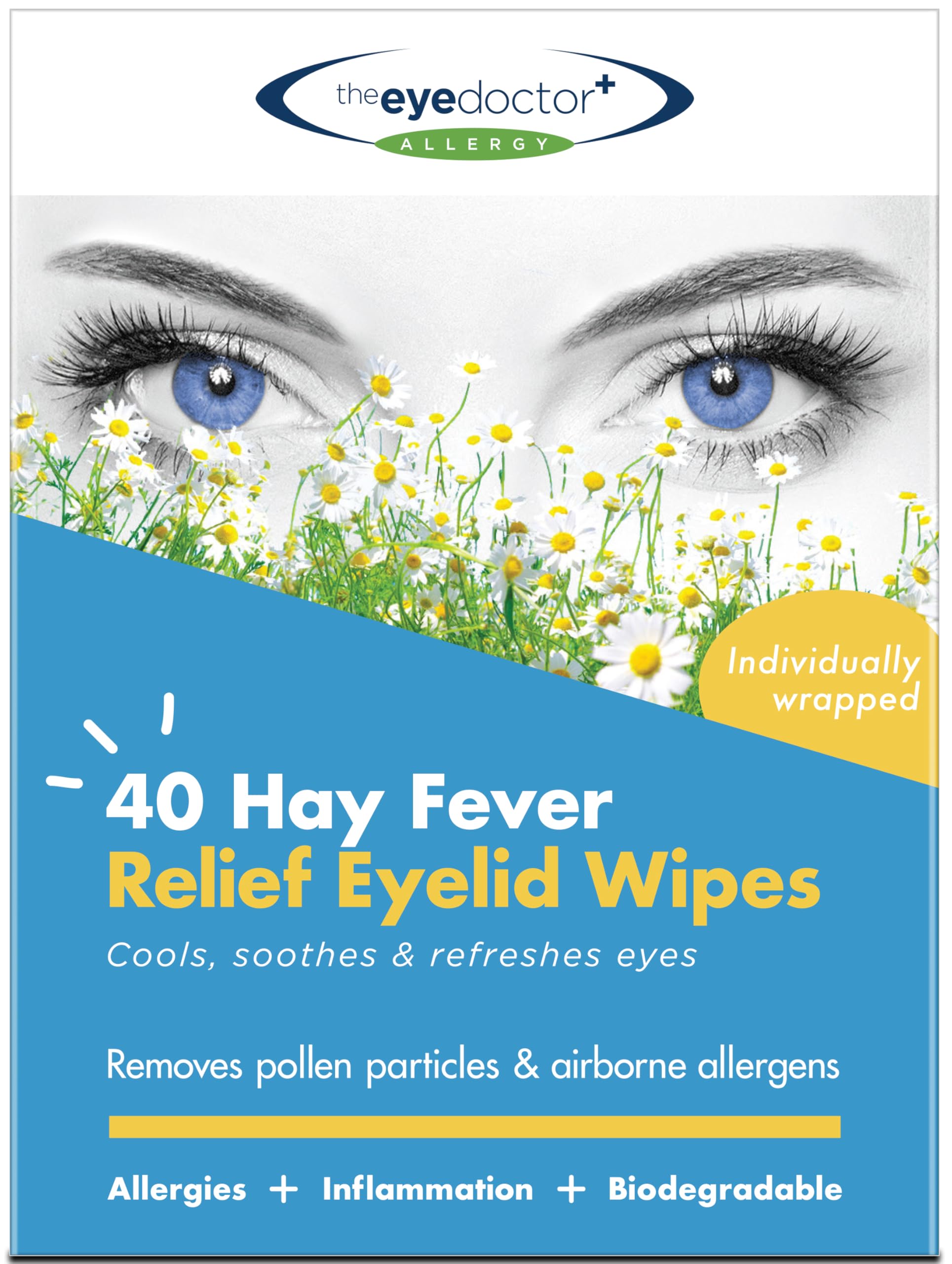 The Eye Doctor Hay Fever Relief Eyelid Wipes - 40x Single Use Eye Wipes for Allergy & Hayfever - Inflammation, Watery Itchy Eyes, Headaches & Migraines - Cooling Soothing Relief
