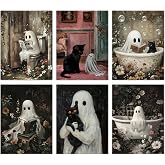 Vintage Ghost and Black Cat Wall Art Set of 6 Cute Spooky Halloween Poster Prints for Bathroom Bedroom Kids Room Spooky Reading Bathtub Ghost Picture Painting Unframed 8x10 Inch Wall Decor