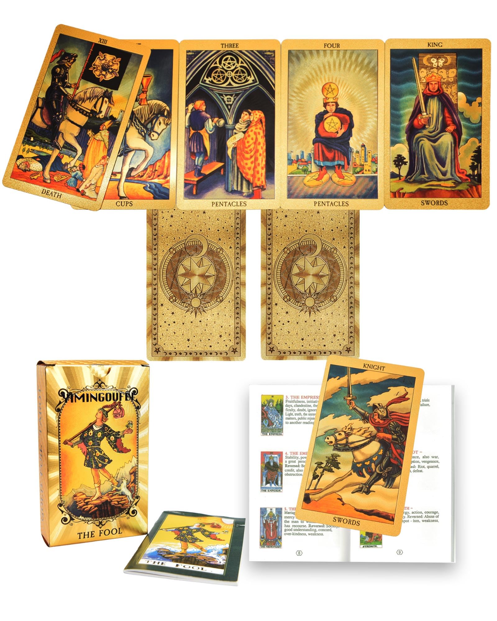 YIMINGOUFEI 78 Piece Gold Foil Tarot Deck Cards with 36 Page Guide Book, PVC, Waterproof & Anti-Wrinkle, for Beginners (Stars and Moon) — image 1