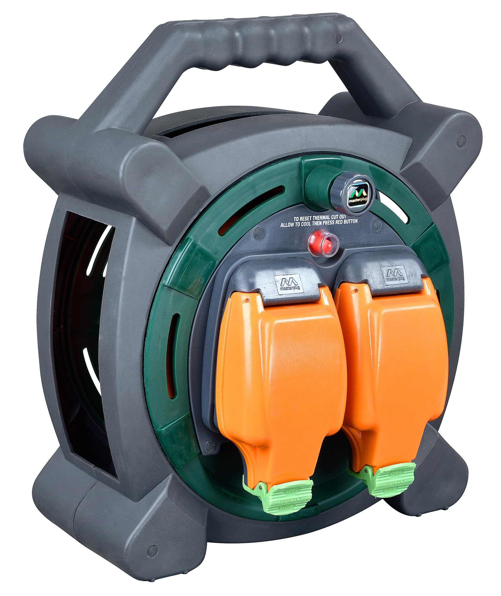 Masterplug Two Socket Retractable Weatherproof Case Reel, Extension Lead Cable Reel, Wind-Up Power Cord Reel, Thermal Cut Out, 20 Metre Cable, Outdoor Power, Grey/Orange, 13A, 2G, 20m, HLP2013/2IP