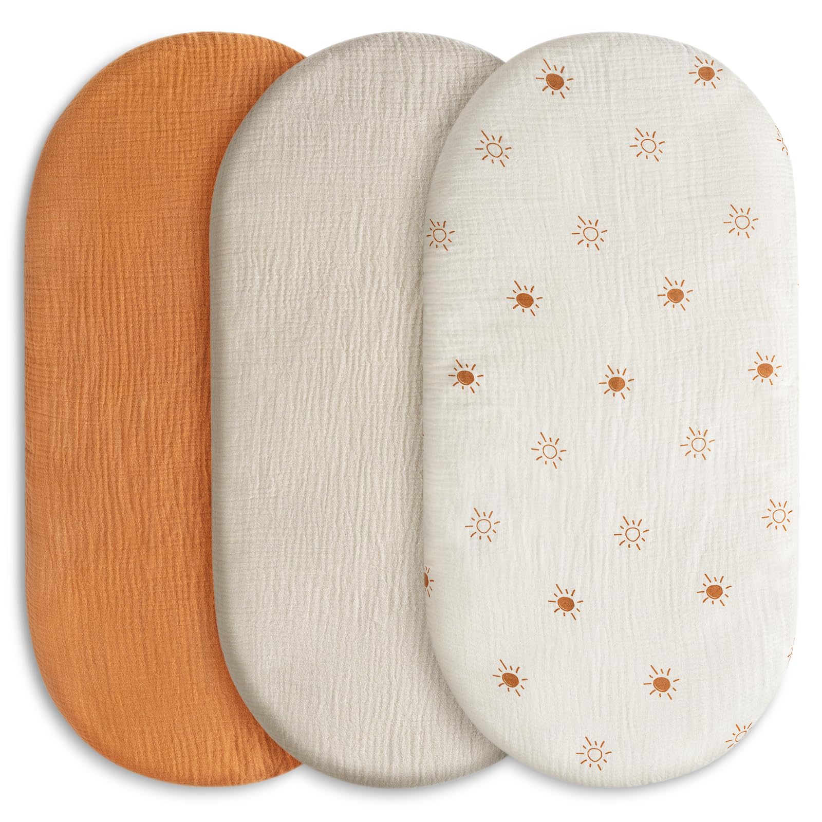 Baby Mattress Cover, Fitted Sheet, Pack of 3, 100% Muslin Cotton,Oeko-Tex 100,Muslin Bassinet Sheets,Bassinet Cover,Pram Mattress Cover,83 x 43 x 10 cm,Fitted Sheet for Prams, Bassinets（Sun）
