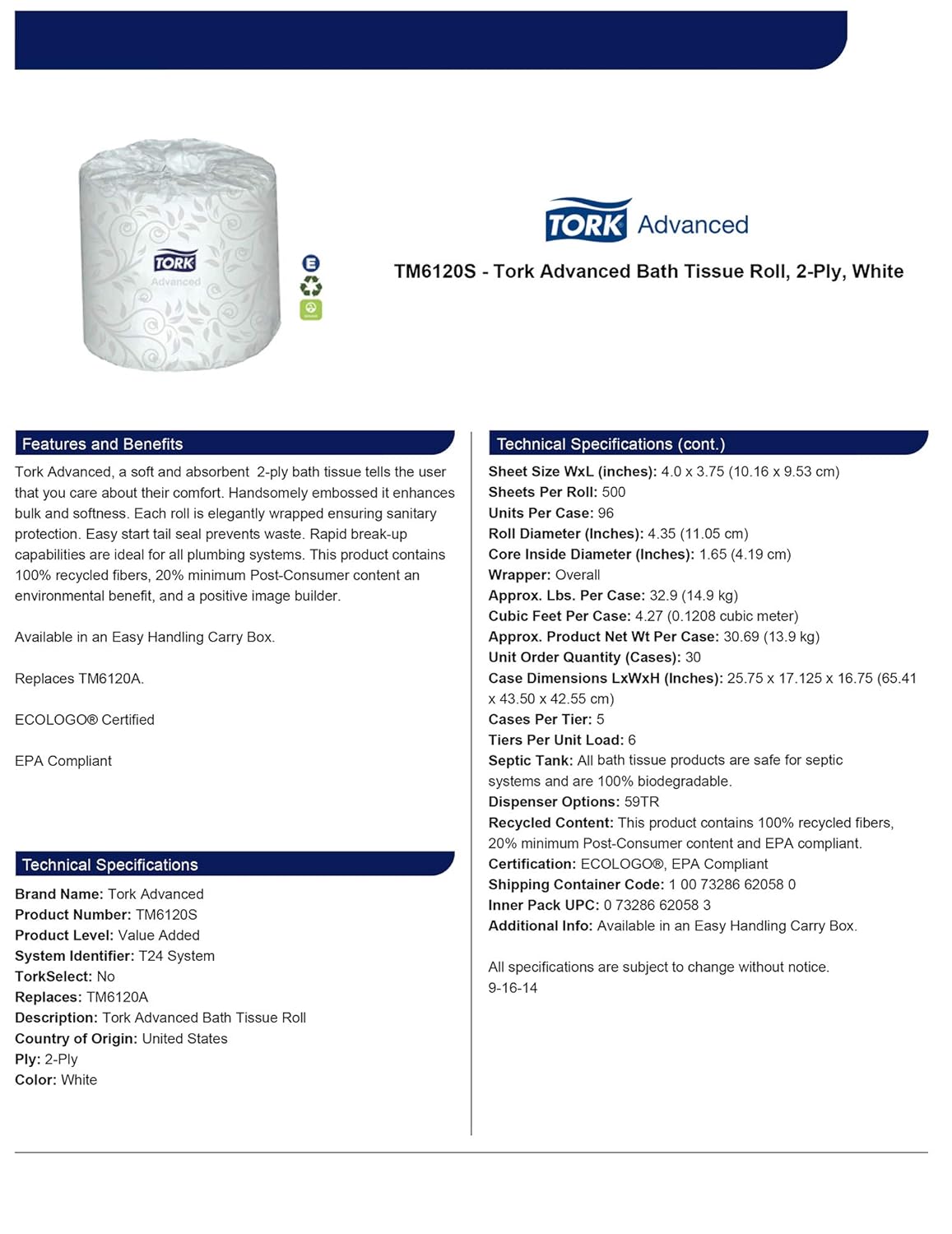 Tork Advanced TM6120S Bath Tissue Roll, 2-Ply, 4" Width x 3.75" Length, White (Case of 96 Rolls, 500 Per Roll, 48,000 Sheets): Industrial & Scientific