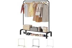 JIUYOTREE Metal Clothes Rack 43.3 Inches Clothes Garment Coat Rack with Bottom Shelf, Clothing Rack for Hanging Clothes, Coat