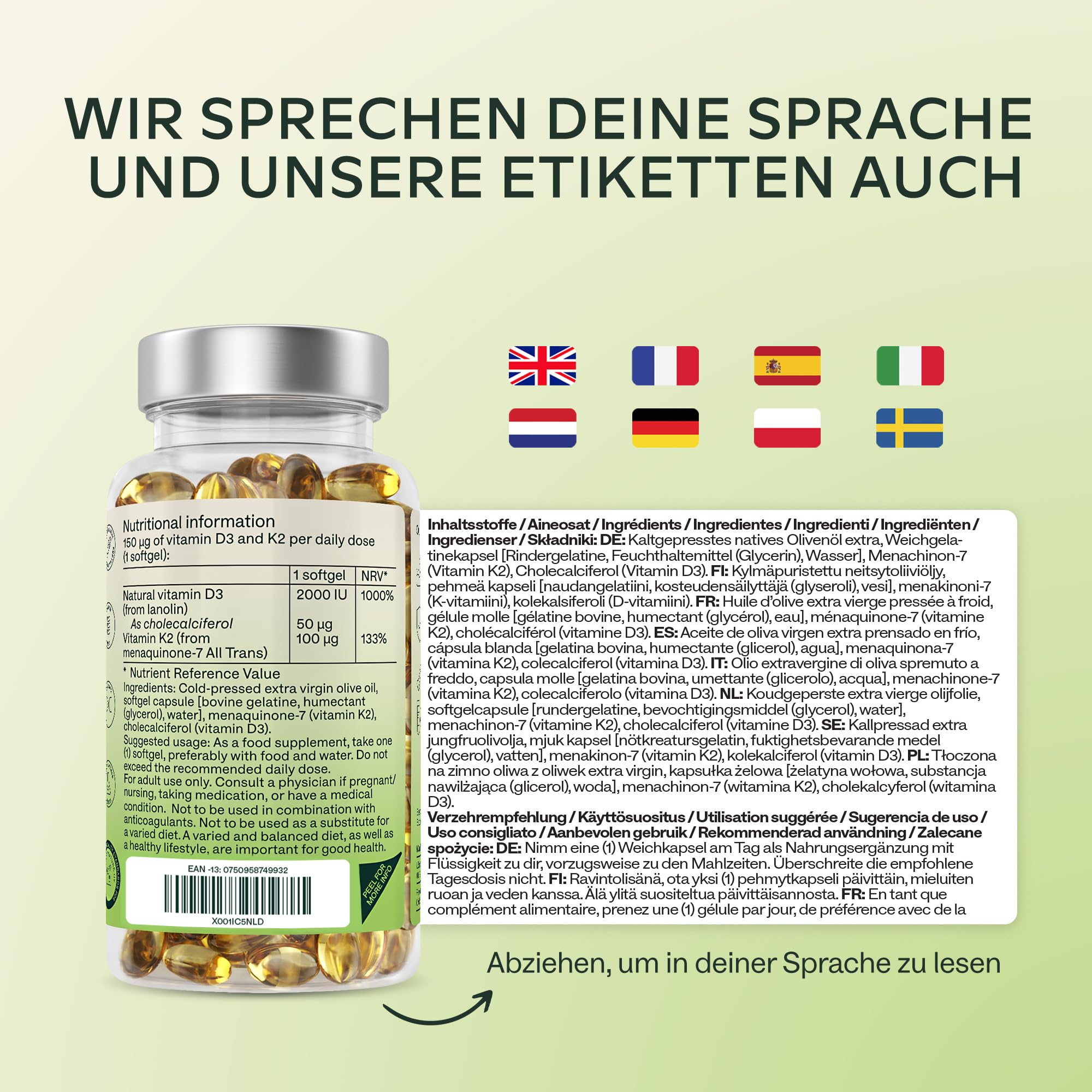 Vitamin D3 K2 hochdosiert mit nativem Olivenöl - Vitamin D 2000 IE + Vitamin K2 MK7 100μg - Sonnenvitamine Vitamin D K2 GMO-, gluten- und laktosefrei 180 Vitamin D3 K2 Kapseln hochdosiert 8