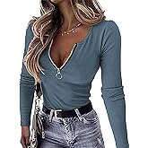 OwnTime Womens Sexy Tops Long Sleeve Henley Shirts Fitted Low Cut Tops Ribbed Zipper V Neck Cleavage Fall Shirts Blouses