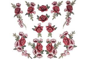 12Pcs Flower Iron On Patches, Red Rose Embroidered Flower Applique Elegant Peony Sew On for Collar Bust Dress Bag Shoes