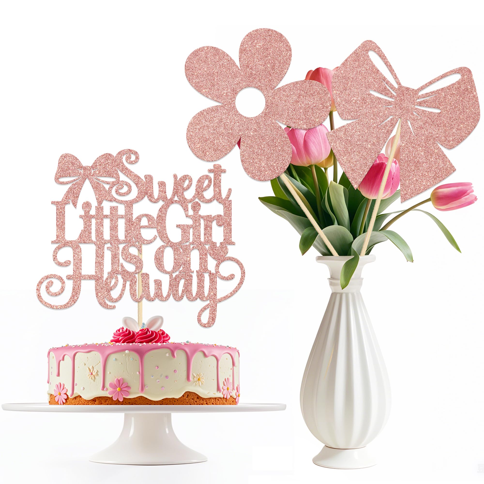 Photo 1 of 12PCS A Sweet Little Girl is on Her Way Centerpiece Sticks Coquette Themed Baby Shower Decorations Pink Bows Themed Gender Reveal Party Decoration Supplies Rose Gold
