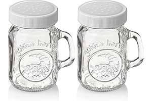 MEM WORLDSHOP Salt and Pepper Shakers Glass Set With Handle - 4 oz Golden Harvest Ball Mason Jars Glass Salt and Pepper Shakers with White M.E.M Plastic Lids - Perfect for Spices, Table Salt, Black and White Pepper