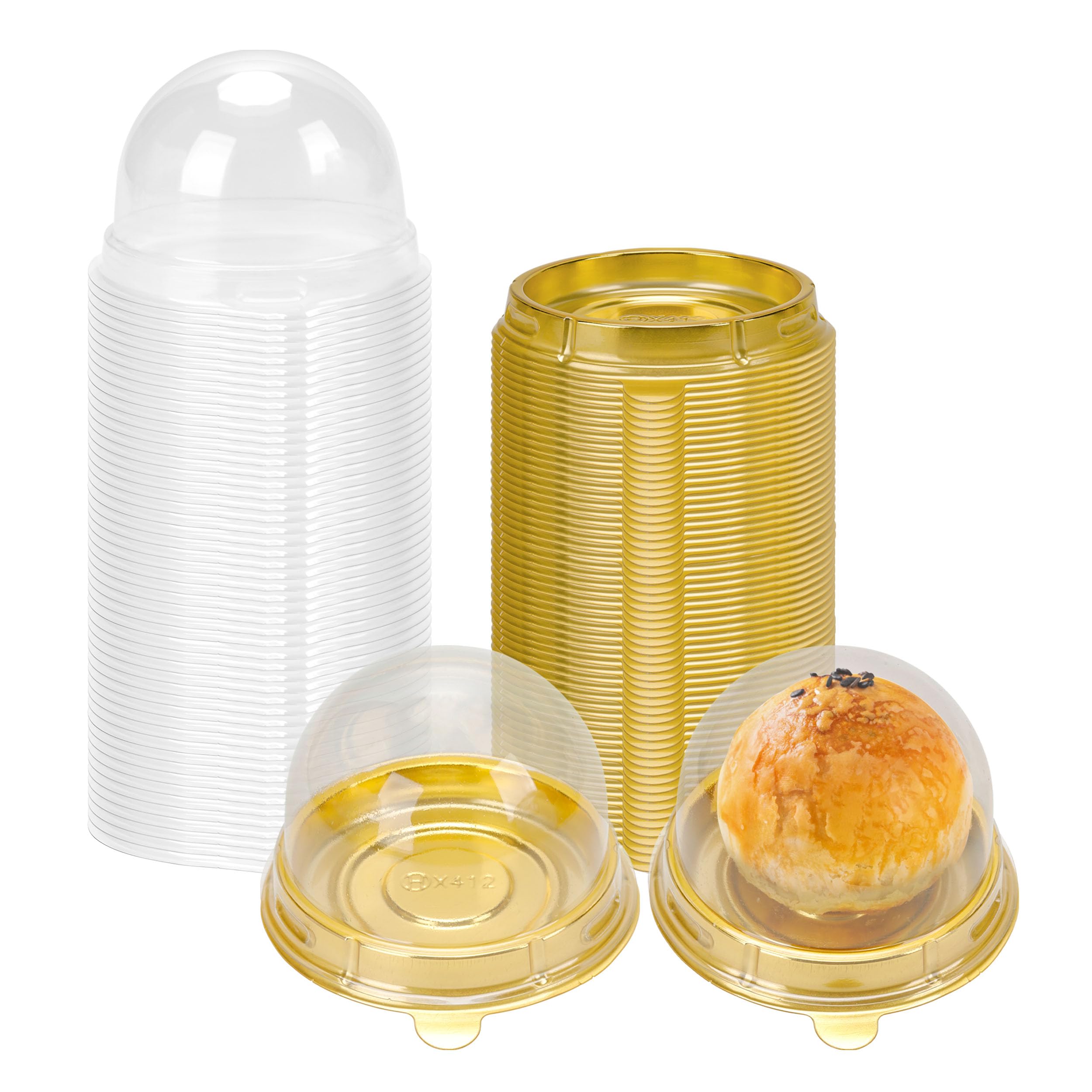 Photo 1 of NPLUX Mini Individual Cupcake Container Mini Cupcake Holder Desk Pet Containers for Chocolate Covered Cookies, Strawberry, Mooncake(50 Pack, Gold)