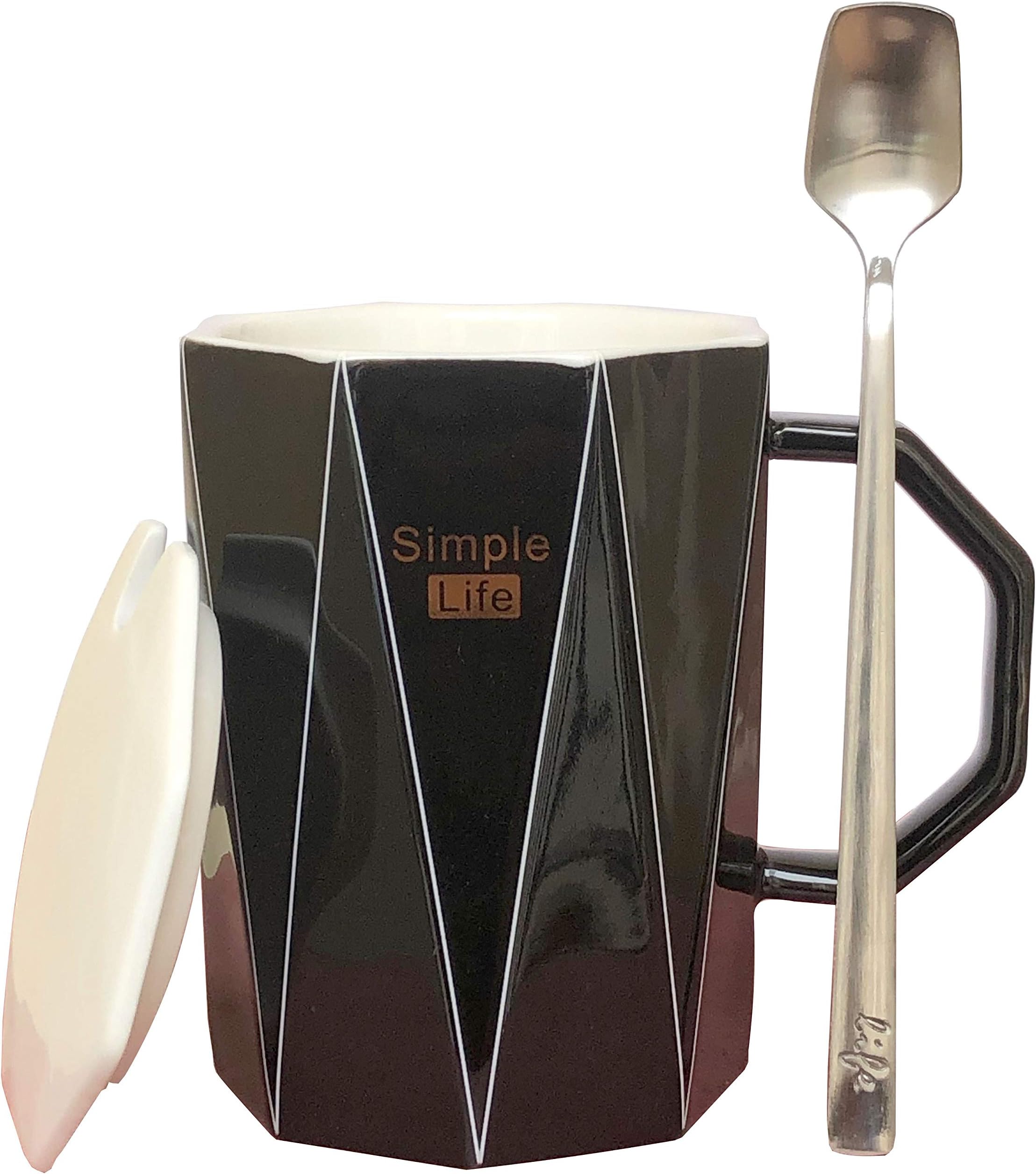 Saanveria Designer Ceramic Coffee | Tea Mug Mug Hot & Cold Beverage with Ceramic Lid | Metal Spoon
