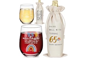 LEJIAJINW 65th Birthday Gifts for Her - 65 Years Old Birthday Gifts for Women - Vintage 65th Birthday Decorations for Women - 65 Year Old Presents Stemless Wine Glass (1 Glass, 1 Bag)