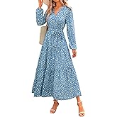 PRETTYGARDEN Womens Spring Long Sleeve Wrap V Neck Ruffle Floral Maxi Dress Casual Tie Waist Boho Chiffon Flowy Long Dresses
