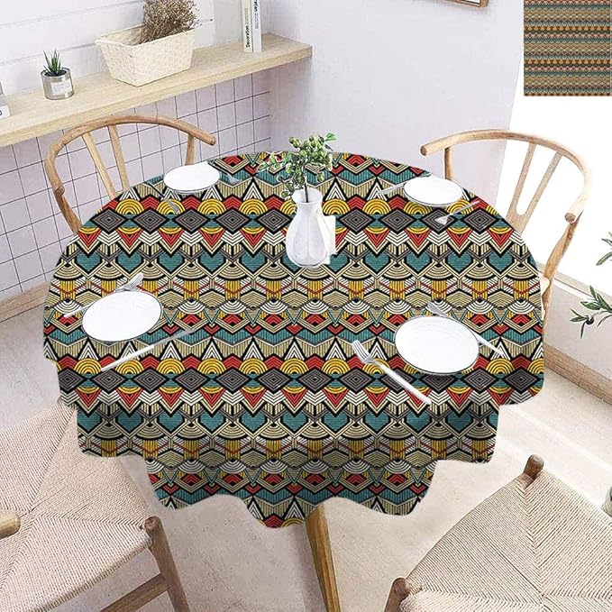 African Round Tablecloths Diameter 70", Complex Pattern of Triangles