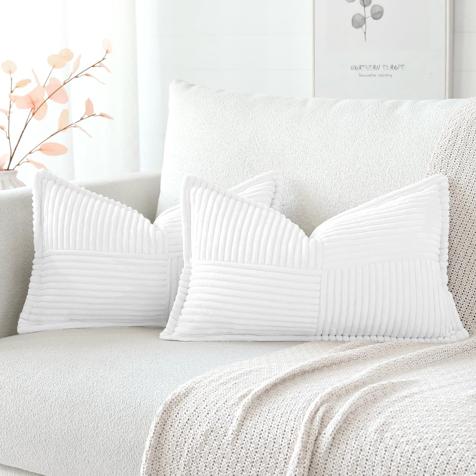Artscope Corduroy Cushion Covers Pack of 2 Modern Patchwork Throw Pillow Covers Soft Pillowcase Broadside Decorative Textured Cushions for Home decor Sofa Bedroom Couch White 40x60cm
