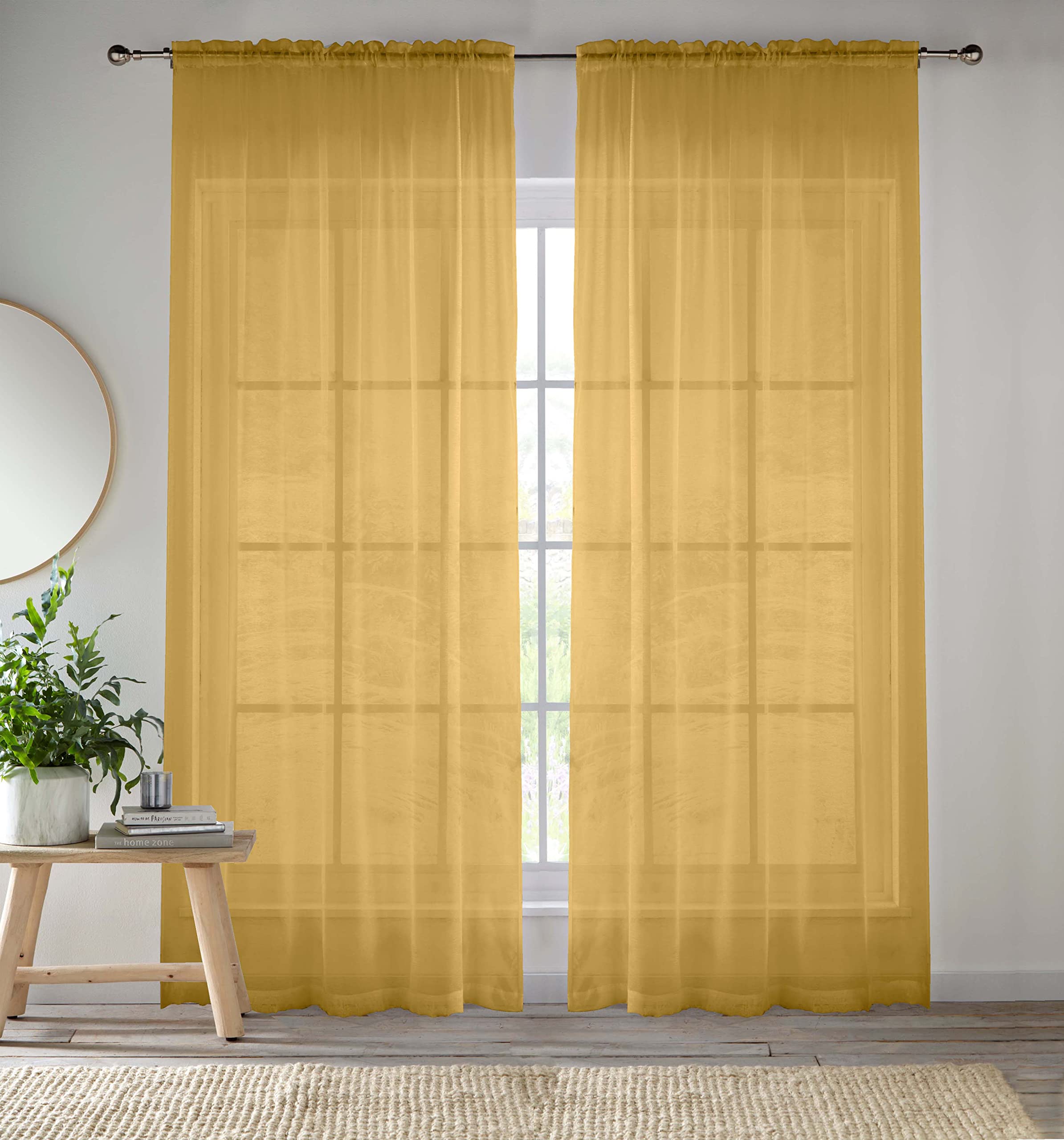 Enhanced Living Gold Voile Curtains for Living Room Panel Pair - 57 Wide x 48 Drop - Plain Woven Slot Top Sheer Curtains (57"x48") 145x122cm — image 1