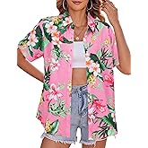 Women Hawaiian Shirt Floral Tropic Print Tee Hawaii Button Down Tshirt Beach T Shirt Summer Short Sleeve Tops