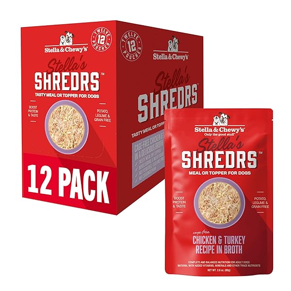 STELLA & CHEWY’S CAGE FREE CHICKEN & TURKEY SHREDRS – PREMIUM DOG FOOD POUCHES – PERFECT FOR PICKY EATERS – 12 PACK, 2.8OZ EACH