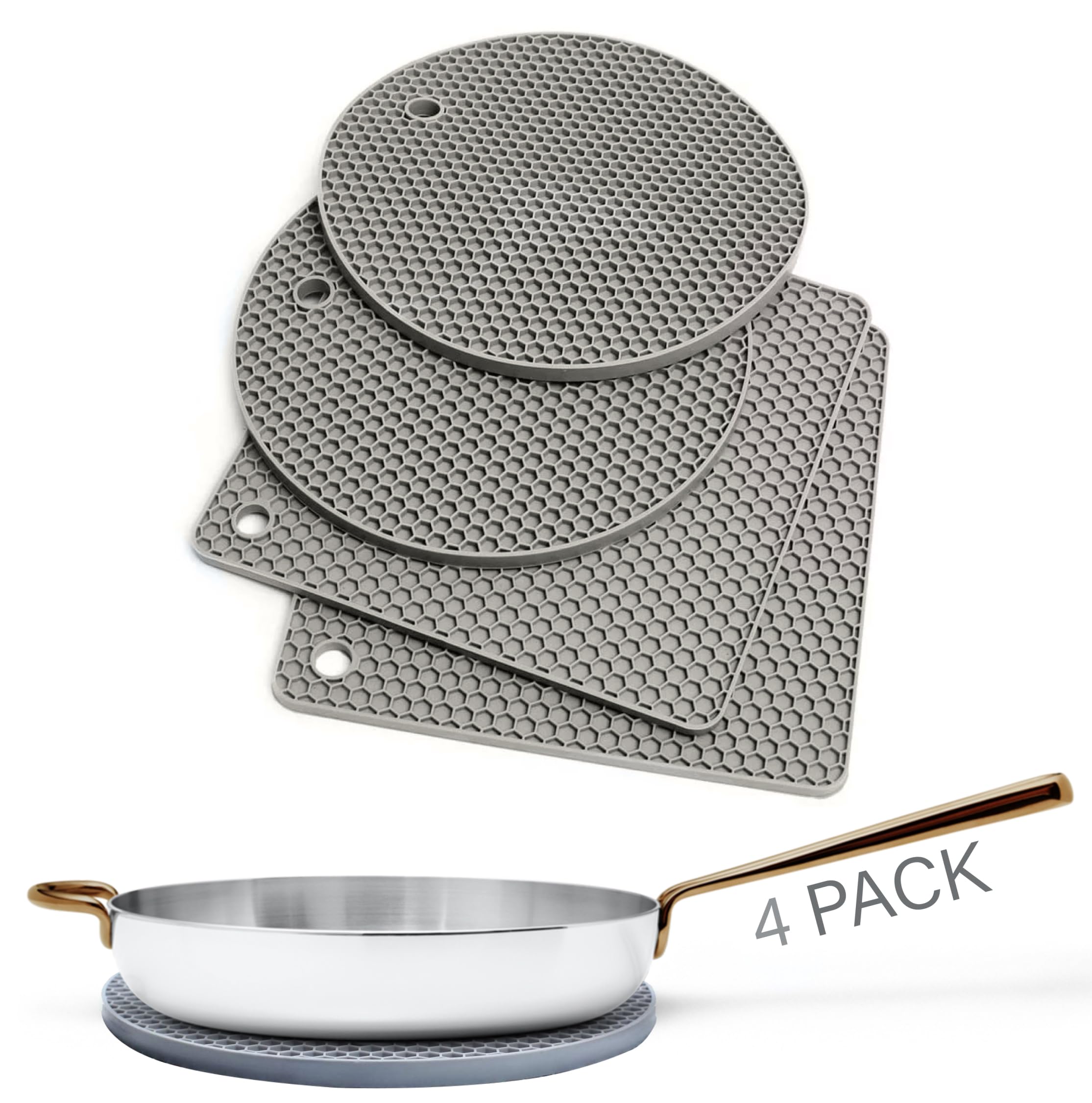 Linda's Essentials Silicone Trivets for Hot Pans and Pots (2 Pack) - Multipurpose Silicone Heat Resistant Mat and Pot Holder Trivet -Heatproof Mats for Kitchen 2 Round 17.7cm + 2 Square 18.5cm-Grey