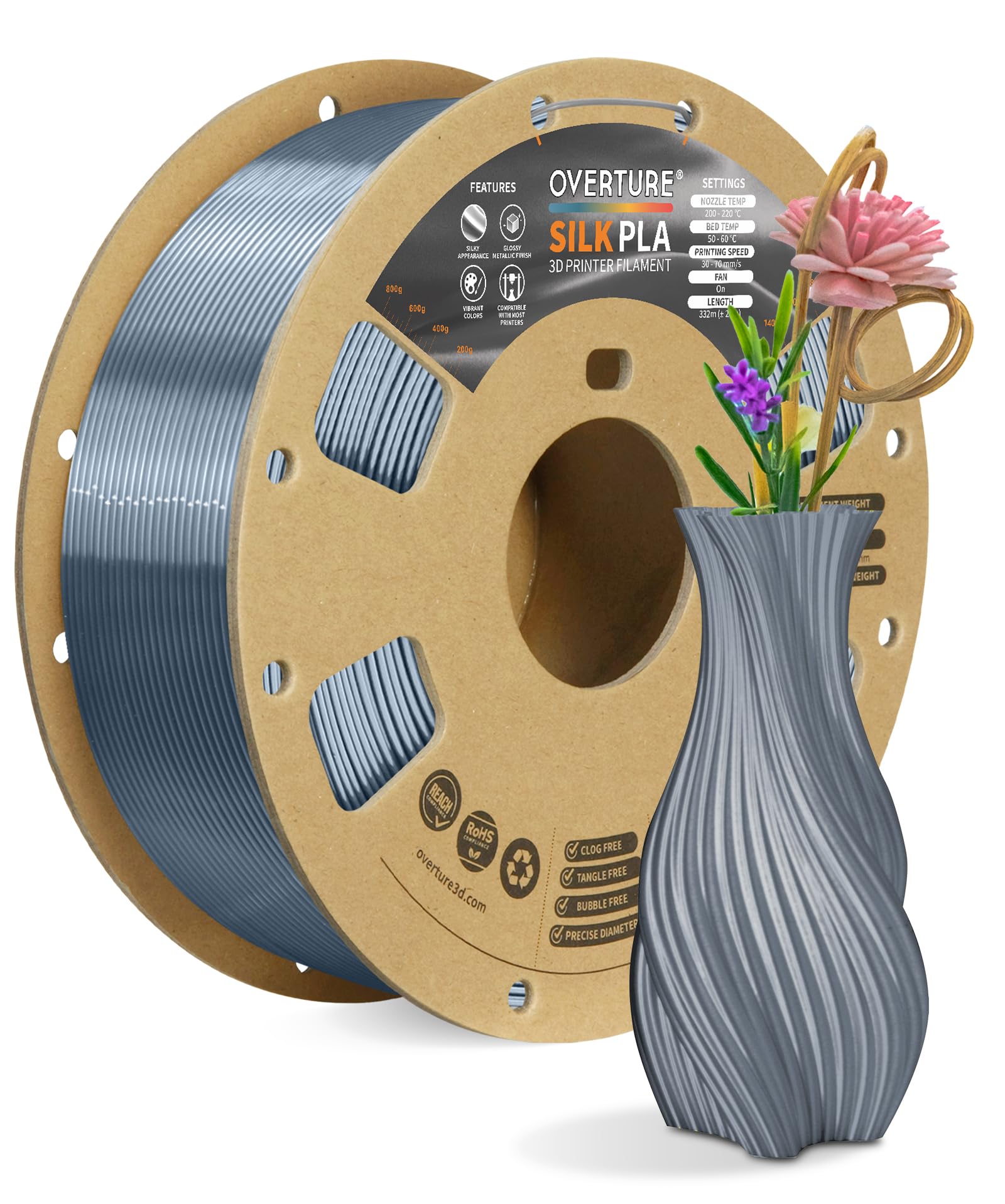 OVERTURE Silk Filament PLA 1.75mm Clog-Free Shiny 3D Printer Consumables, 1kg Spool (2.2lbs), Dimensional Accuracy +/- 0.02 mm, Fit Most FDM Printer (Silk Gray)