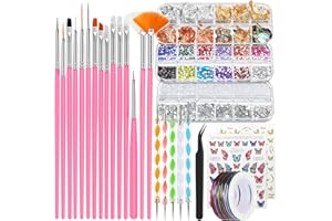 EDITTIME 36 in 1 Professional Nail Art Kit, Brushes & Dotting Pens Set with Rhinestones, Pearls, Metallic Foil Flakes, Striping Tape, Butterfly Stickers, Manicure Design Tools for DIY, Salon, Beginners (Pink)