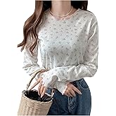 SweatyRocks Women's Long Sleeve Floral Print T Shirts Crewneck Lettuce Trim Ribbed Knit Tops