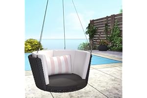 Novogratz 87059BPW1E Poolside Collection, Sally Patio Hanging, Black Wicker, Lumbar Pillow Swing, Rosewater Stripe