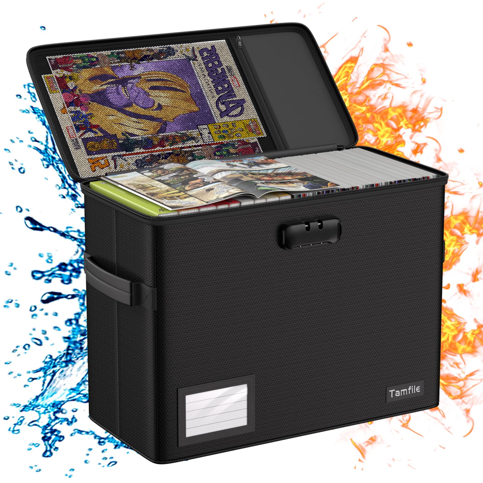 Tamfile Fireproof Comic Book Storage Box with Lock, 15.6" x 7.5" x 11.4" Large Capacity Comic Books Organizer Box, Waterproof Moistureproof Collapsible Comic Short Box Holds 150-175 Comics, Black