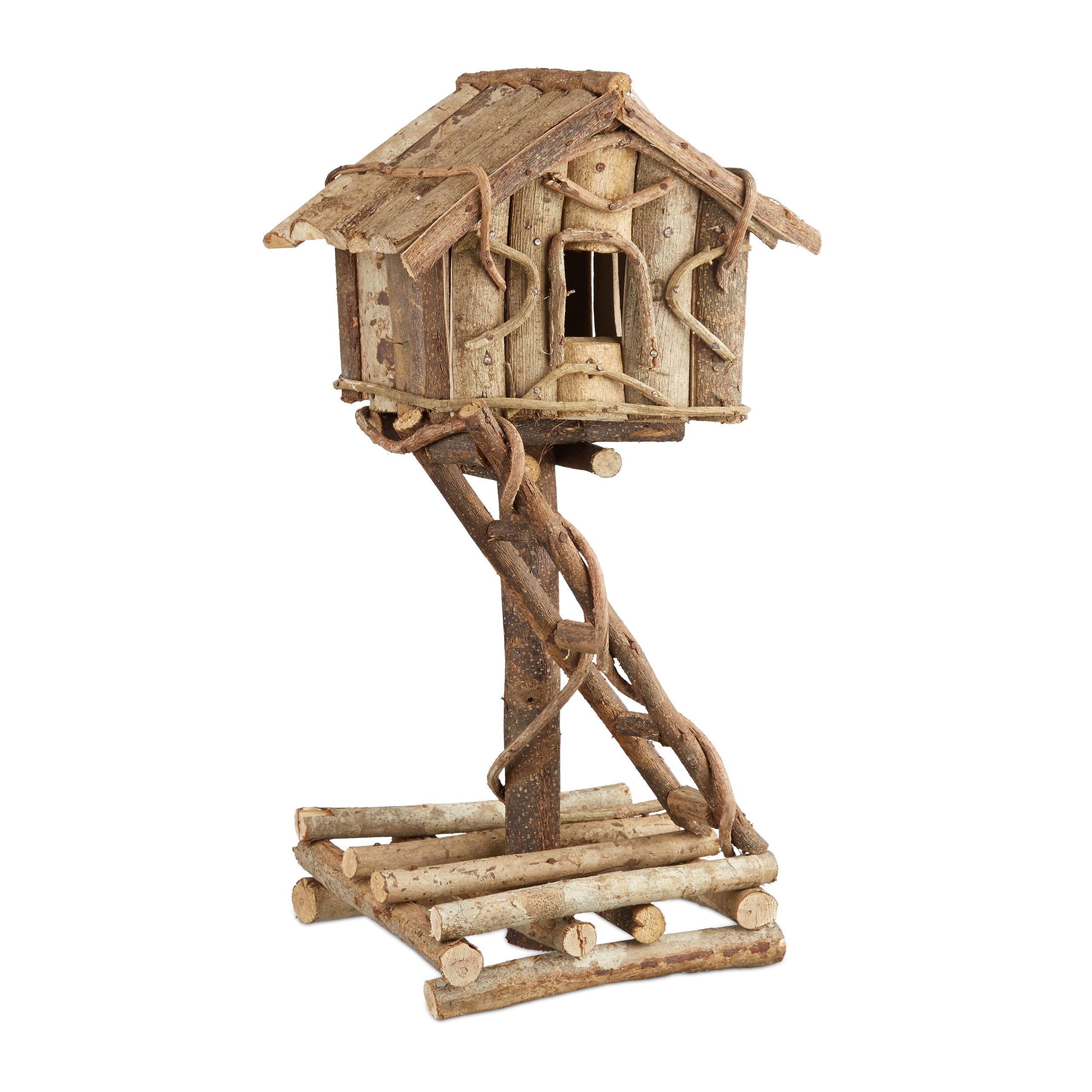 Relaxdays Freestanding Bird House, Untreated Decorative Bird Hotel on Stand, Handmade Nesting Box with Ladder, Natural