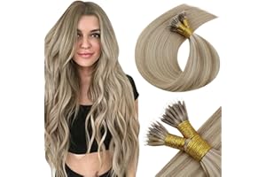LaaVoo Nano Ring Hair Extensions Human Hair Dark Ash Blonde Highlight Blonde Nano Bead Hair Extensions Human Hair Silky Straight Nano Extensions Human Hair 1g/s 50g 14 Inch