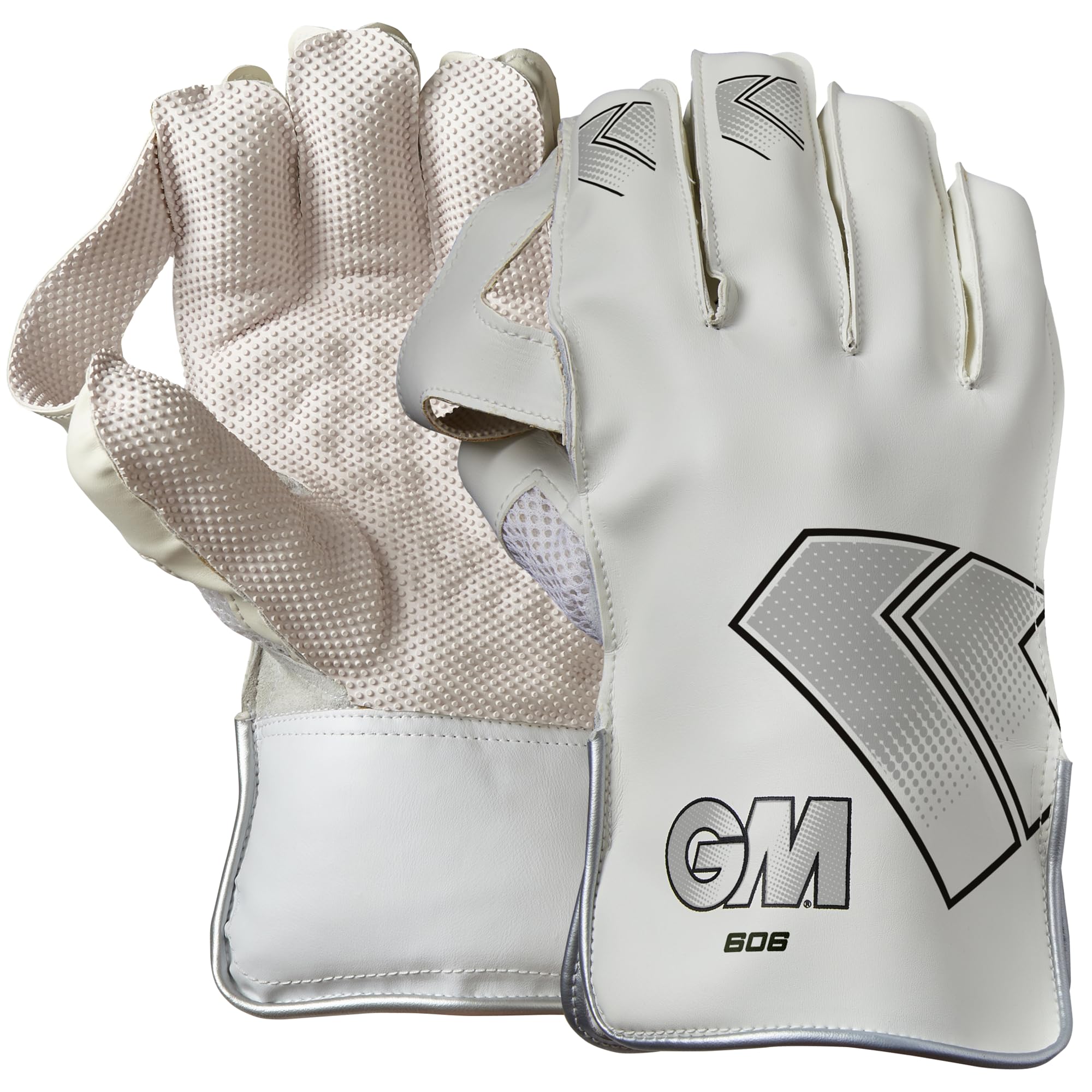 Gunn & Moore GM | Cricket Wicket Keeper Keeping Gloves | 606 | PU Lining & Pimple Rubber Palm | PU Faux Leather Back of Hand | Youths | 1 Pair | White & Black with GM Logo