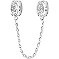 JORLLA Clips Safety Chain Charms 925 Sterling Silver Clasp Safety Chain Stopper Charms Bead for European Charms Bracelet (Clear Stone)