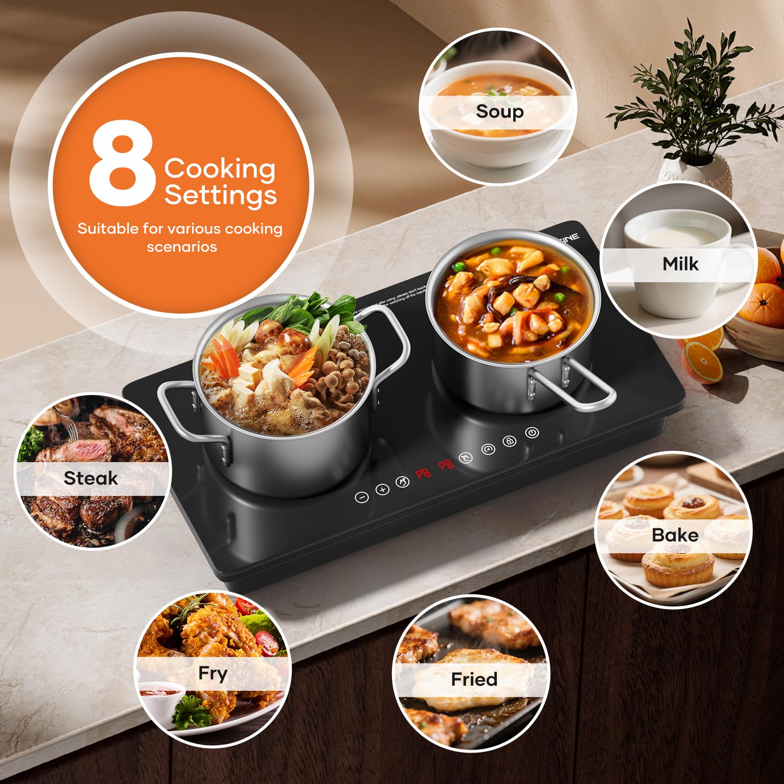 VoltCuisine 1800W Dual Induction Cooktop – Compact 2-Burner Electric Stove, 9 Power Levels, Touch Control, Timer & Safety Lock, Ideal for Apartments, RVs, and Small Kitchens