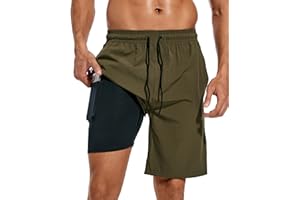 difficort Mens Swim Trunks Quick Dry Bathing Suit 9 inch Inseam Board Shorts with Compression Liner and Zipper Pocket