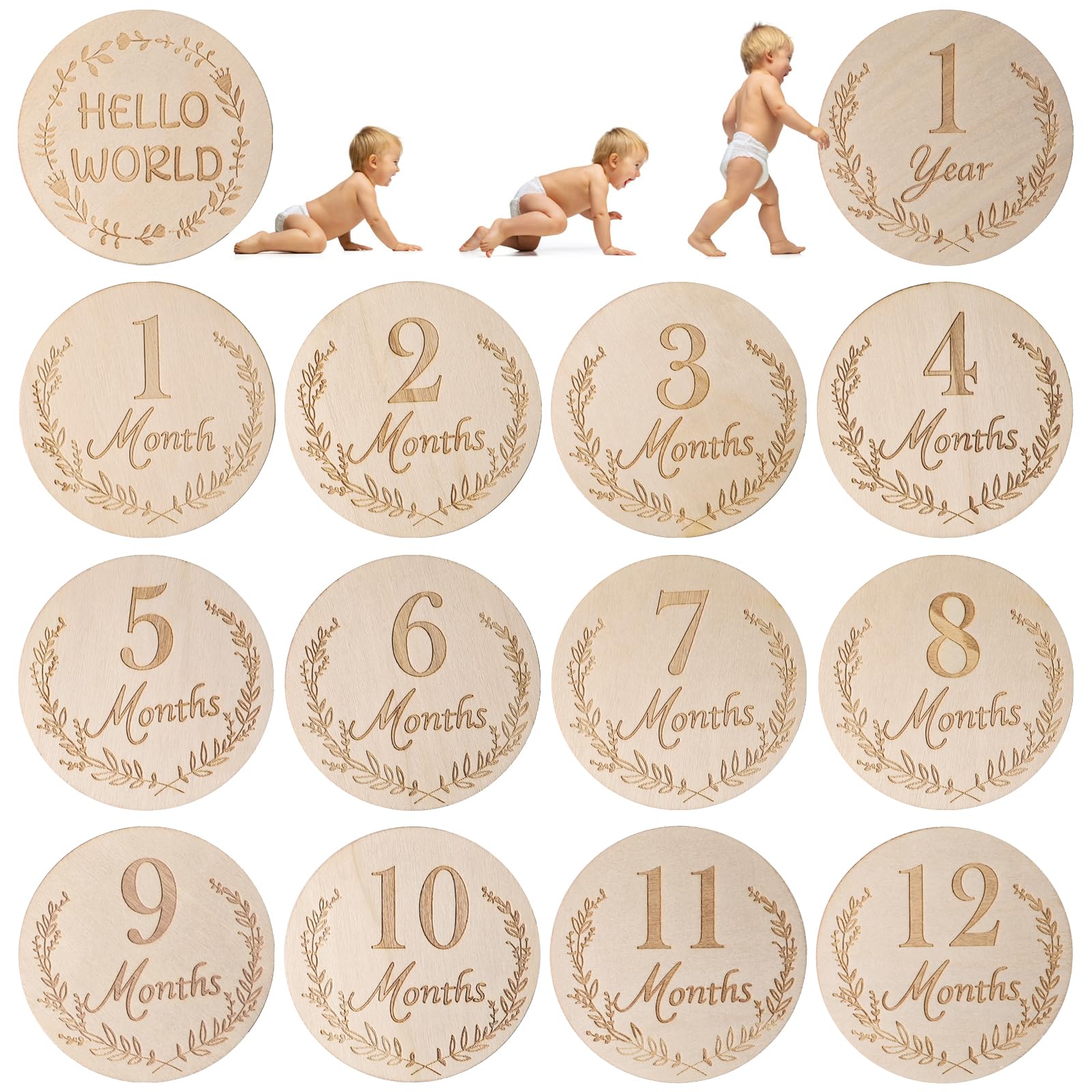 DBREAKS Milestone Monthly Cards, Wooden Cards for Babies, 14 Monthly Cards for Children, Monthly Children's Milestone, Photo Props, Monthly Wooden for Stones, Baby Gifts Gift Set,