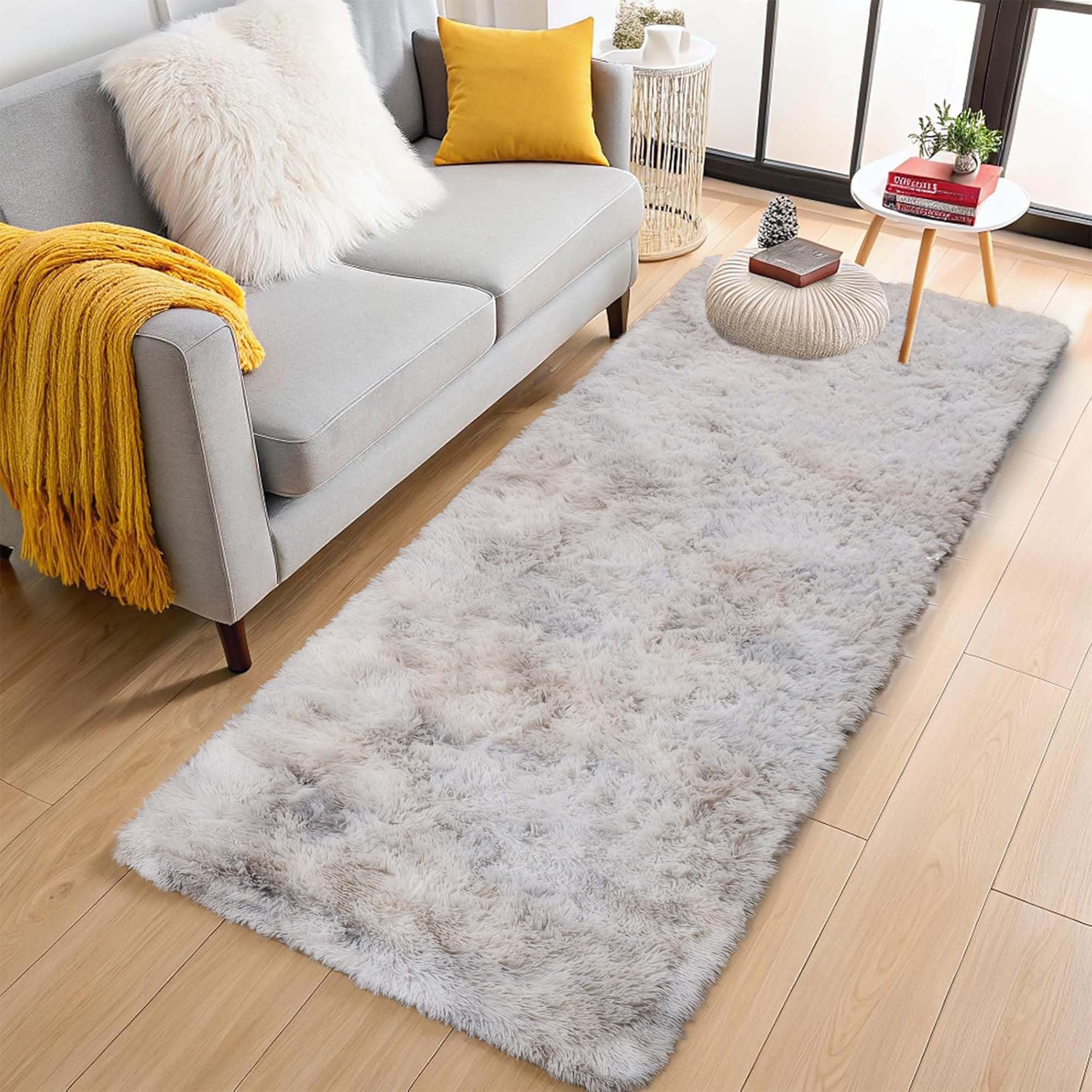 Aspire Homeware Rugs Living Room - Tie-Dye Light Grey Area Rugs for Bedroom, Hallway Runner Rug Anti Slip 60 x 220 cm - Modern Super Soft Plush Floor Carpets – Fluffy Shaggy Bedside Rug for Kids Room