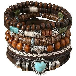 6PCS Boho Western Bracelets for Women Men,Country Cowboy Cowgirl Jewelry | Boho Layered Bracelet Set | Wood Beads & Braided L