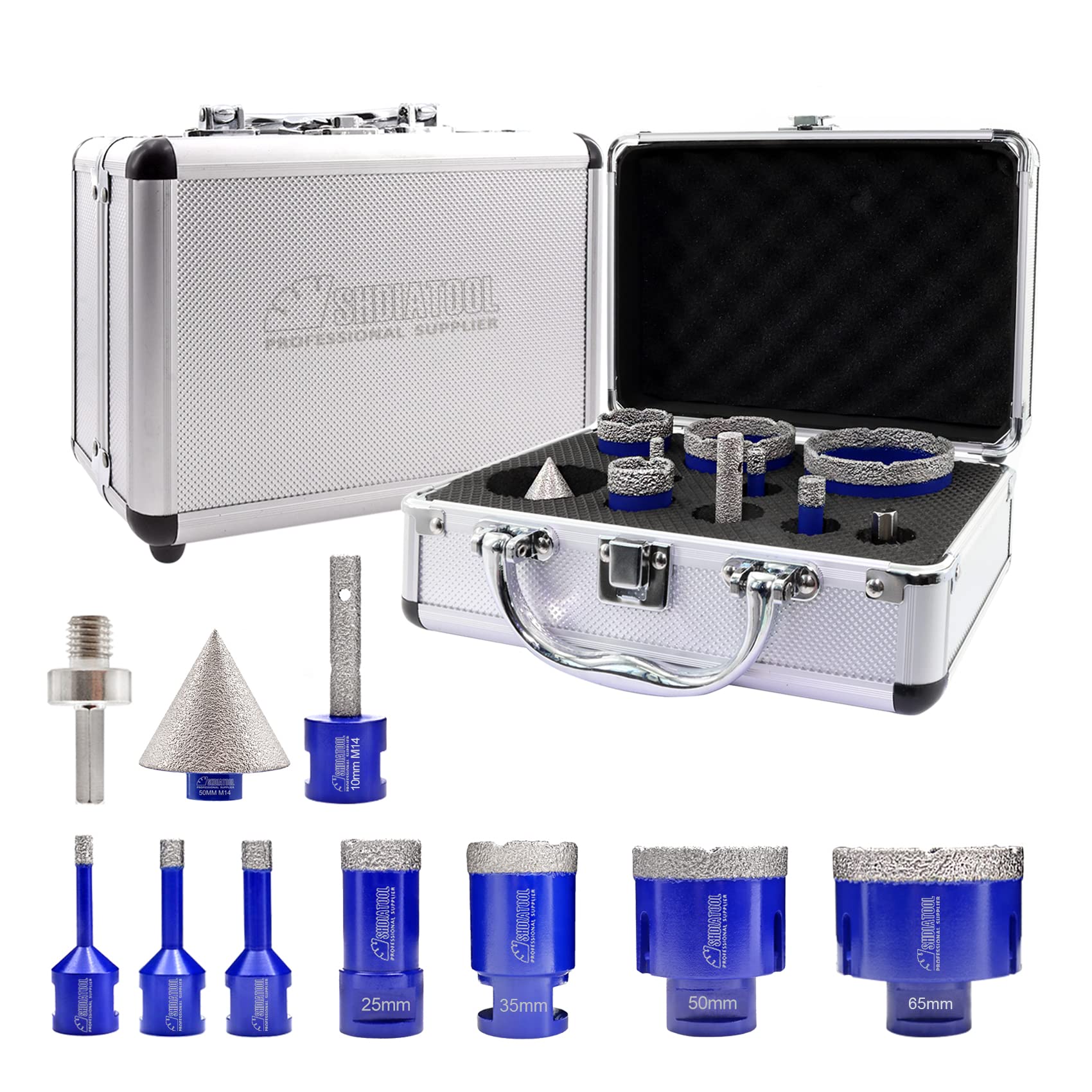 SHDIATOOL Diamond Drill Bits M14 Thread - 6/8/10/25/35/50/65mm Hole Saw and 10mm Finger bits and 50mm Chamfer Bits with HEX Adapter Vacuum Brazed for Porcelain Tile Granite Marble